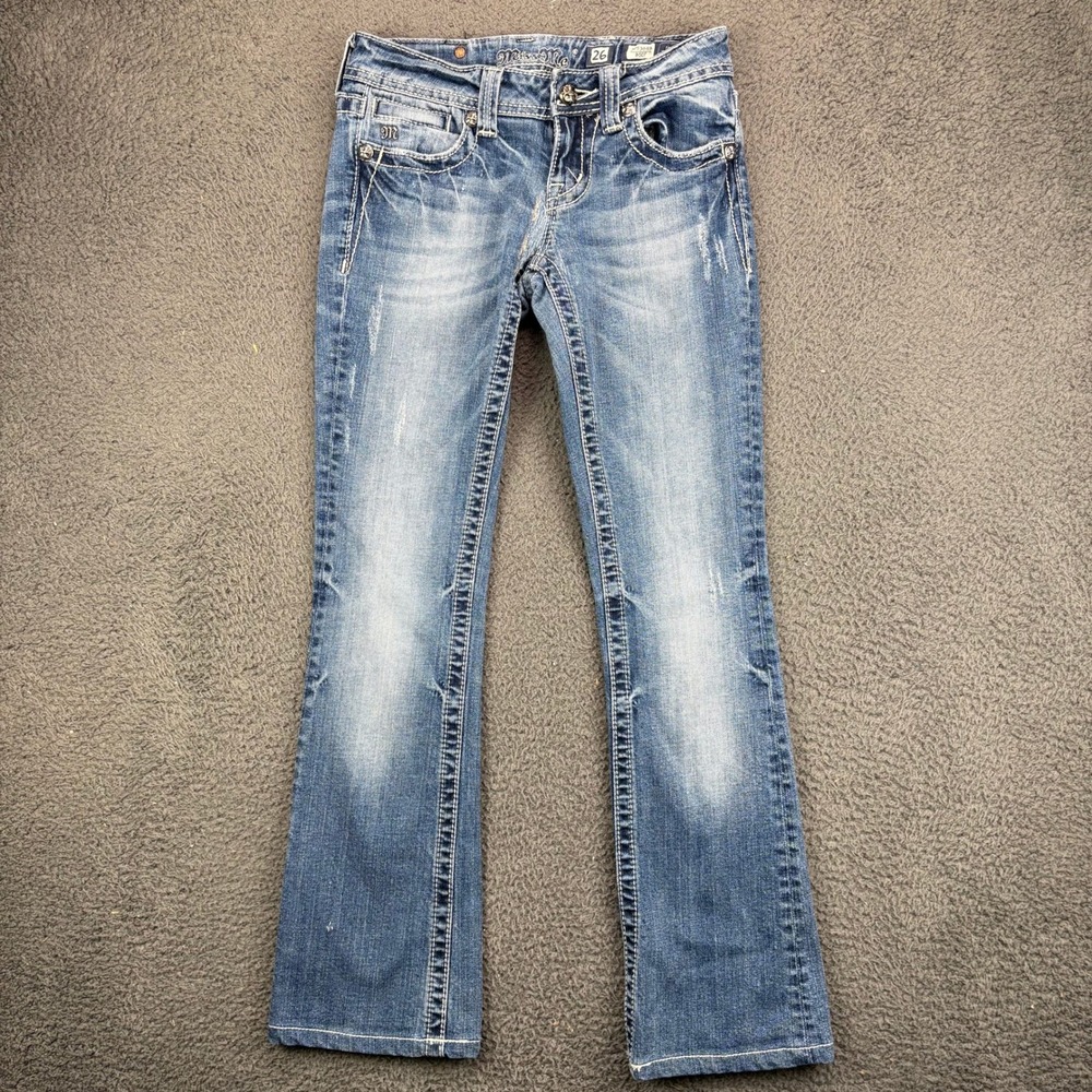 Miss Me JP5368B Bootcut Jeans Size 26 Blue Embellished Cross Pockets Y2K McBling
